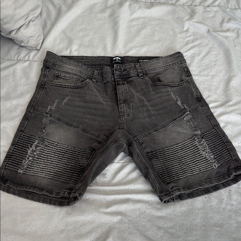 Men's Distressed Black Ribbed Denim Shorts
